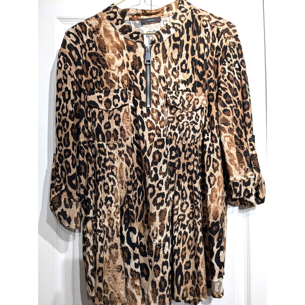 Vtg. Cocomo Shirt Womens L Brown Leopard Animal Print 3/4 Roll Tab Sleeve Top